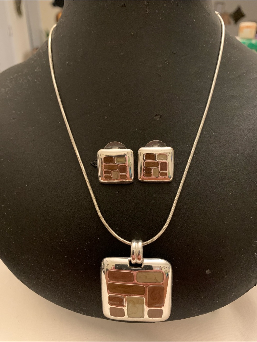 Vintage KC Square Pendant Necklace and Earring SET with Beige and Brown